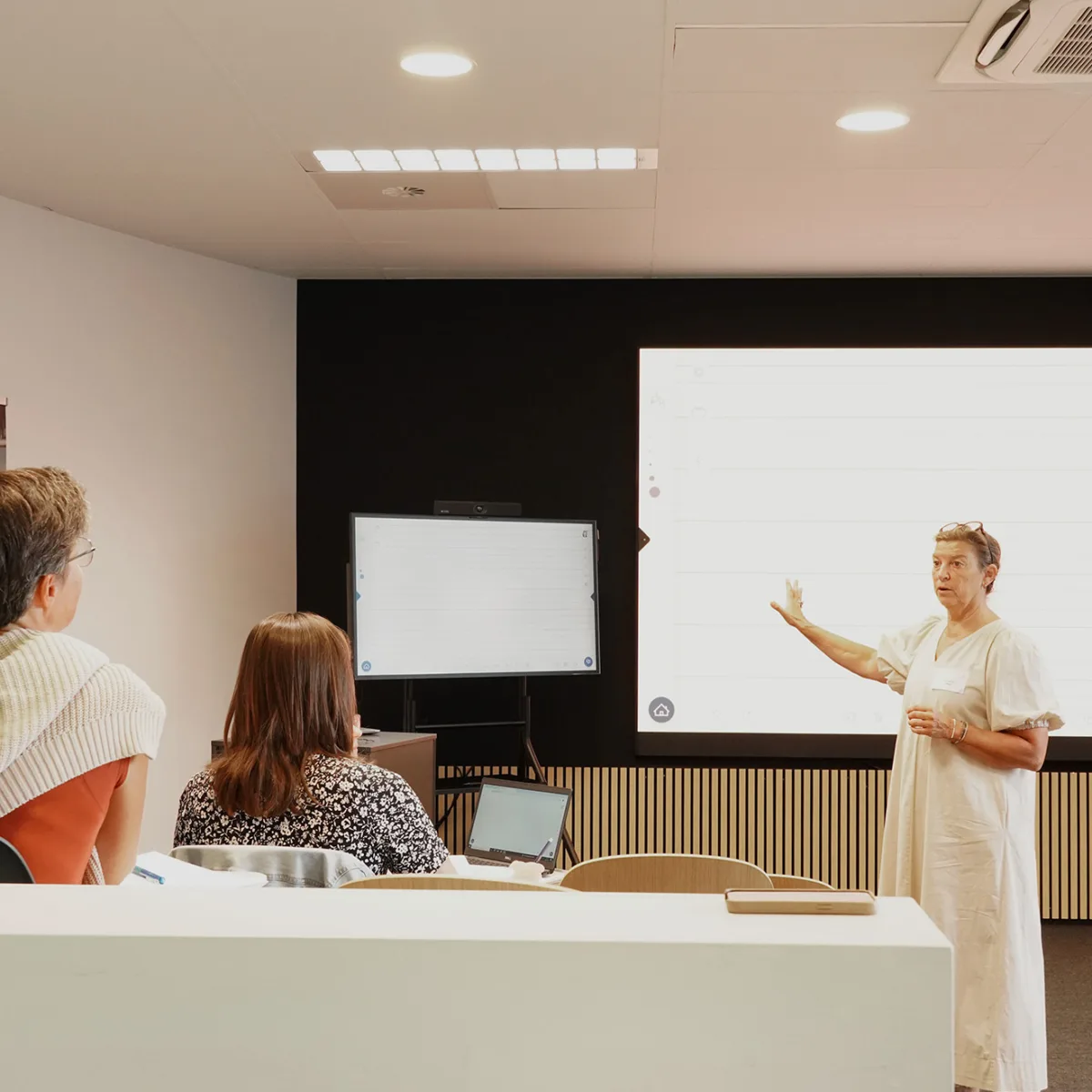 Woman standing in front of the displays while pointing, training the people in the room about the i3SIXTY 3 and the Walnut W1