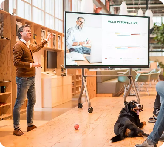 A device that is ready when you are A touch display used in a classroom that turns on because the person enters the room and now is surprised and saving energy Make the image engaging