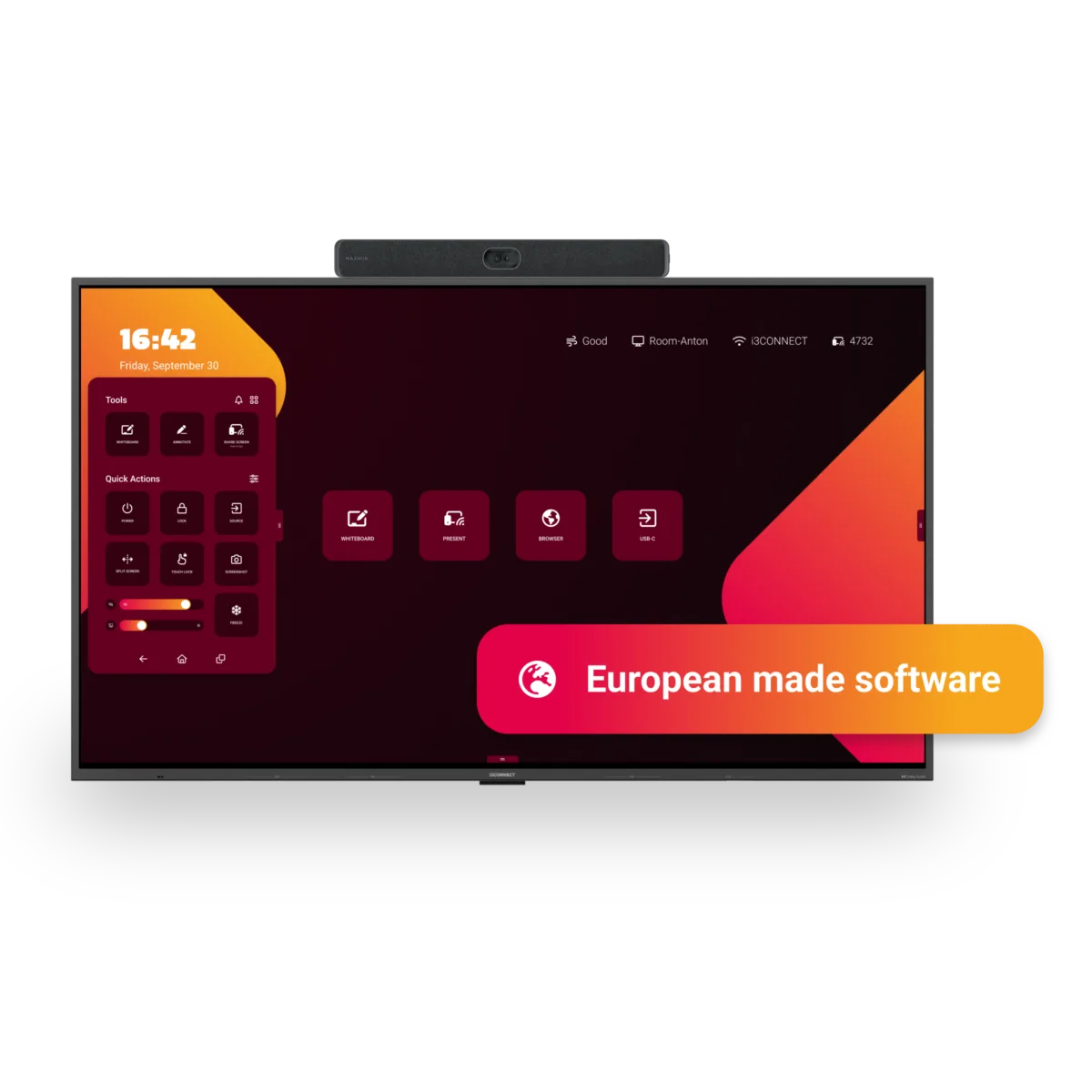 A screen with the i3CONNECT studio interface and a banner stating European made software